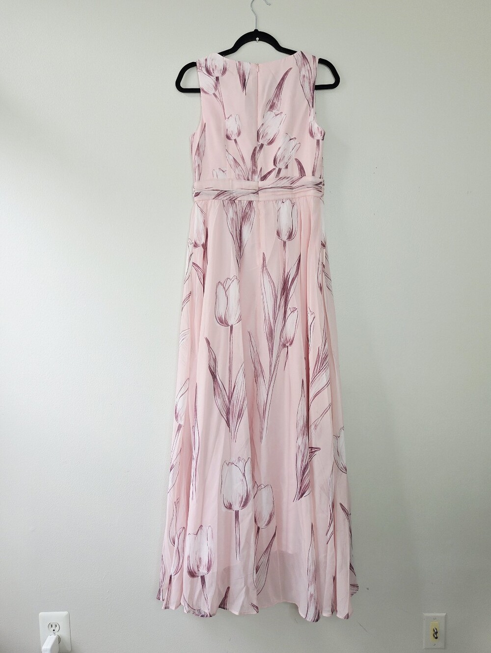 Fehaute Floral Chiffon V Neck Sleeveless A-Line Floor-length Gown Dress Pink 6 - Picture 5 of 7